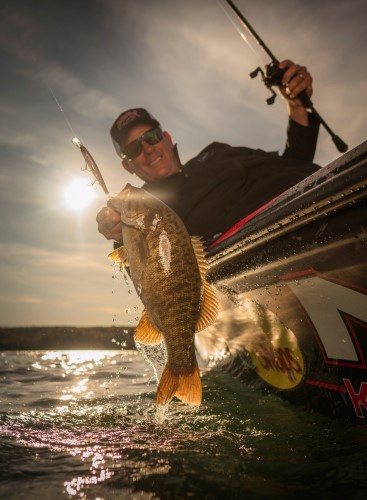 Kevin VanDam leaning over the edge of his boat to pull in a bass caught on a KVD jerkbait