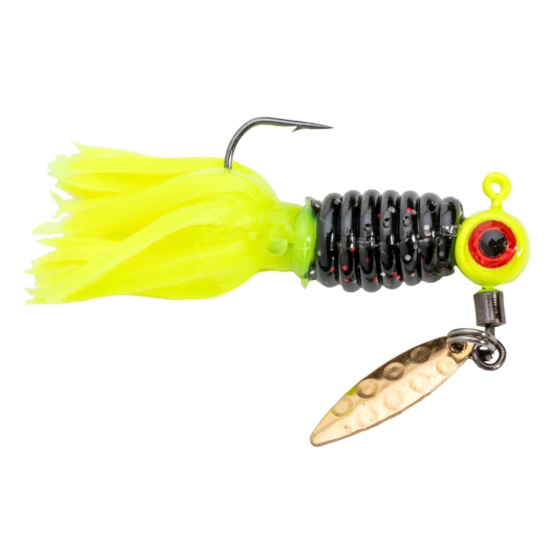 black crappie fishing lures 7" Glide Bait CBS Wonderbread / Splatter Bleeding Gills The blade spins consistently on the fall and throughout the retrieve Team Crappie Crappie Tamer Underspin