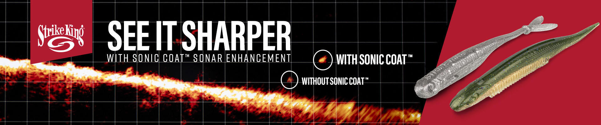 Strike King Sonic Coat fishing bait comparison showing sonar trail visibility&mdash;enhanced, brighter return with Sonic Coat versus weaker signal without it, alongside two soft plastic lure designs on a red background.
